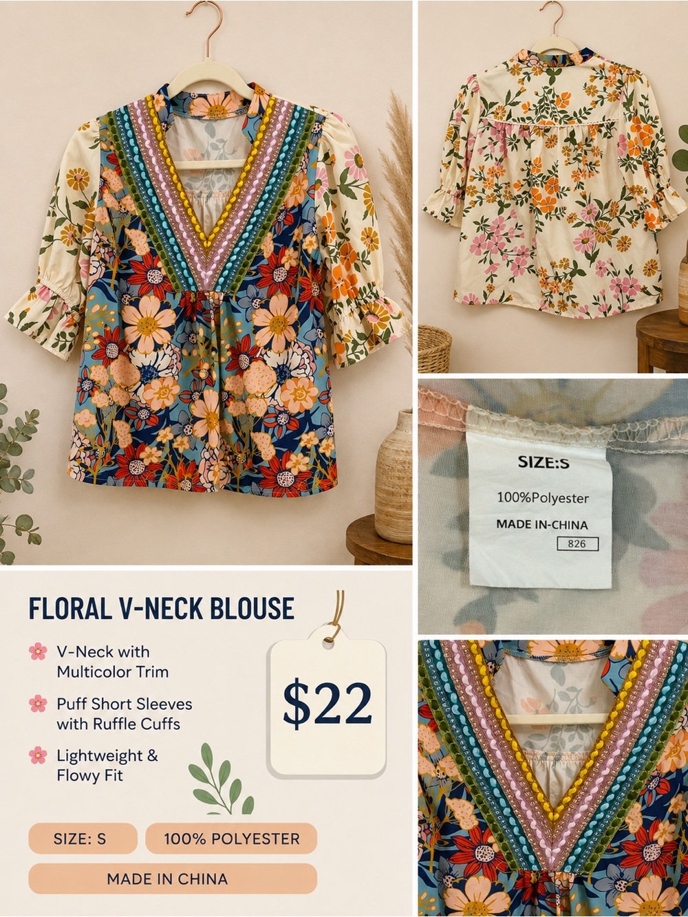 Floral V-Neck Blouse with Multicolor Trim - Cream & Navy